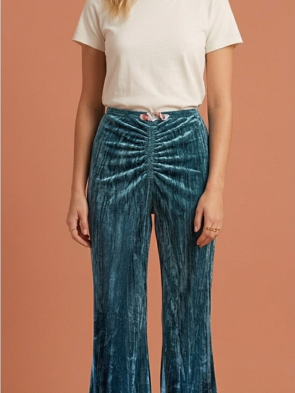 Urban Outfitters Teal Velvet Ruched Wide-Leg Pants